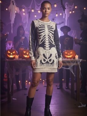 Skeleton BODYCON Sweatshirt Mini Dress - small Halloween cosplay 💀